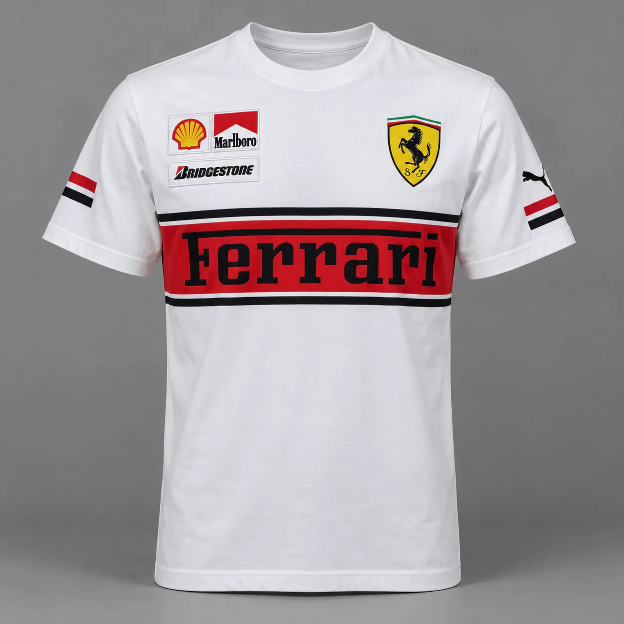 White racing t-shirt with sponsor patches and Ferrari banner, product shot