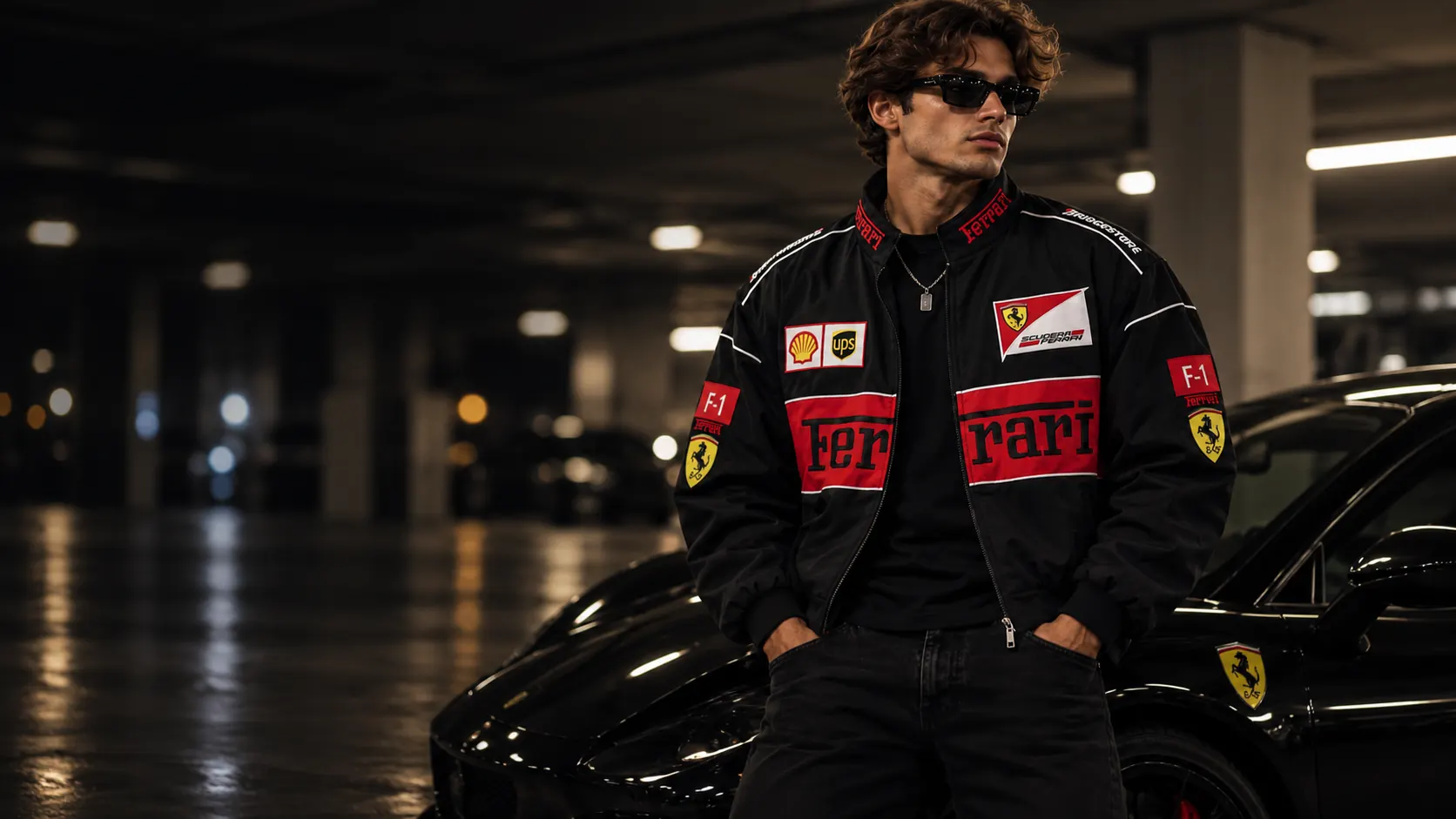 Man wearing the black racing jacket beside a black sports car in a night garage