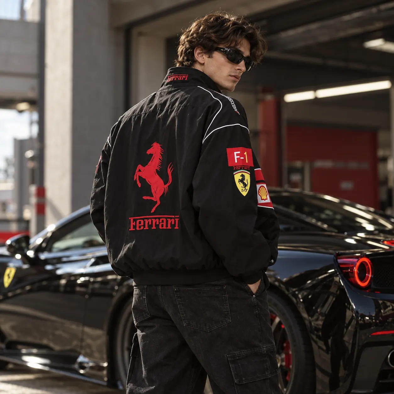Back view of the black Ferrari racing jacket next to a sports car
