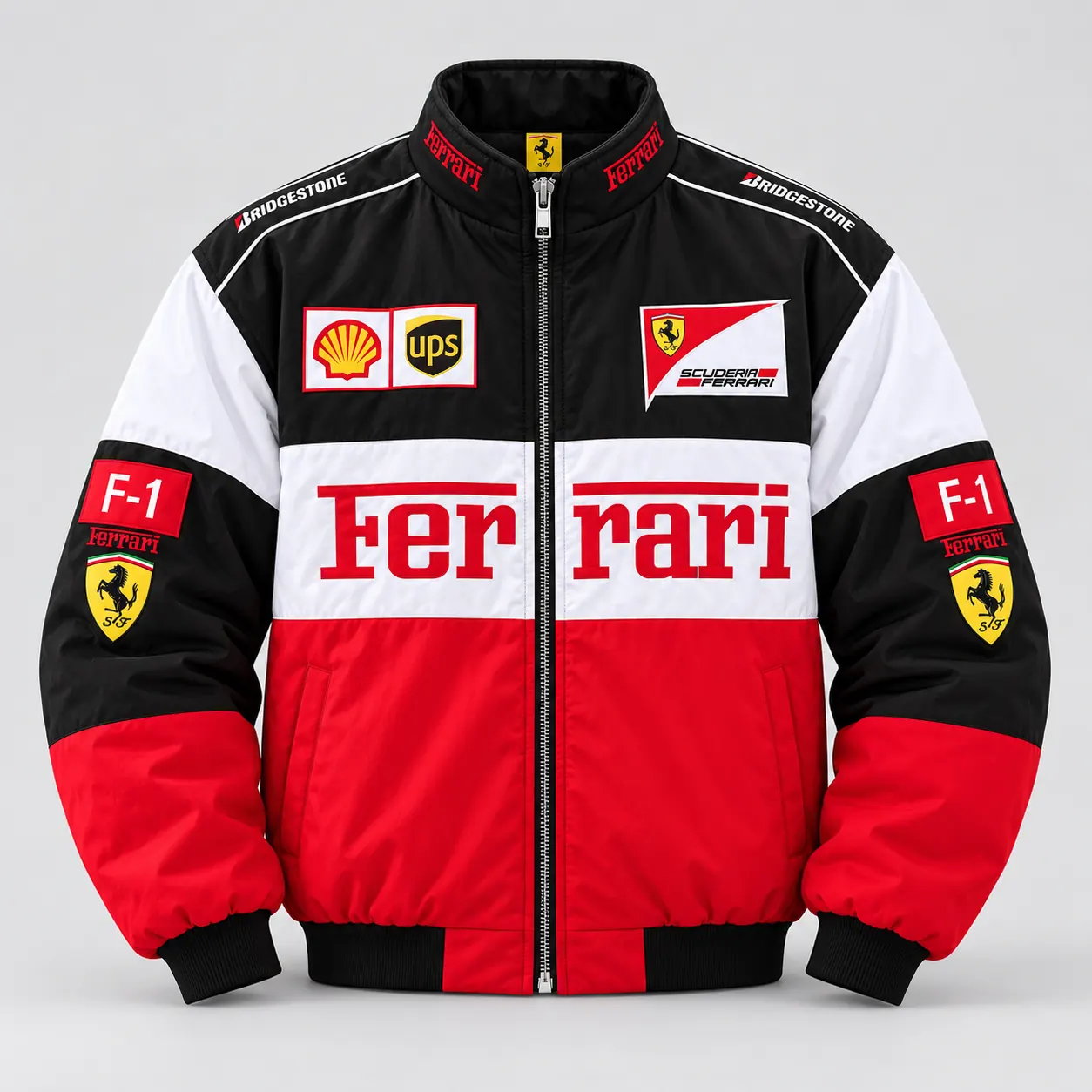 White, red and black Ferrari racing jacket, front view