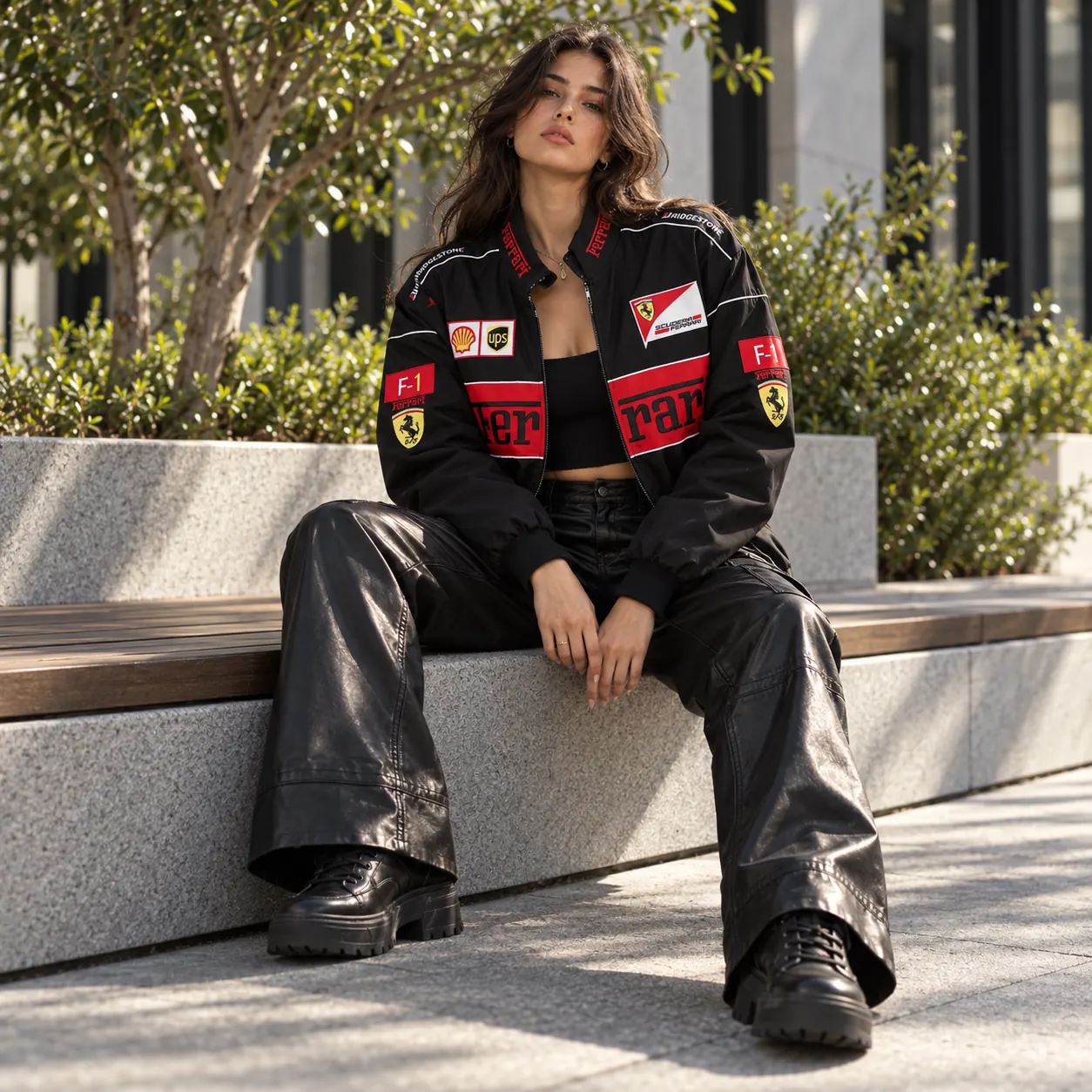 Woman sitting in the black Ferrari racing jacket and leather trousers